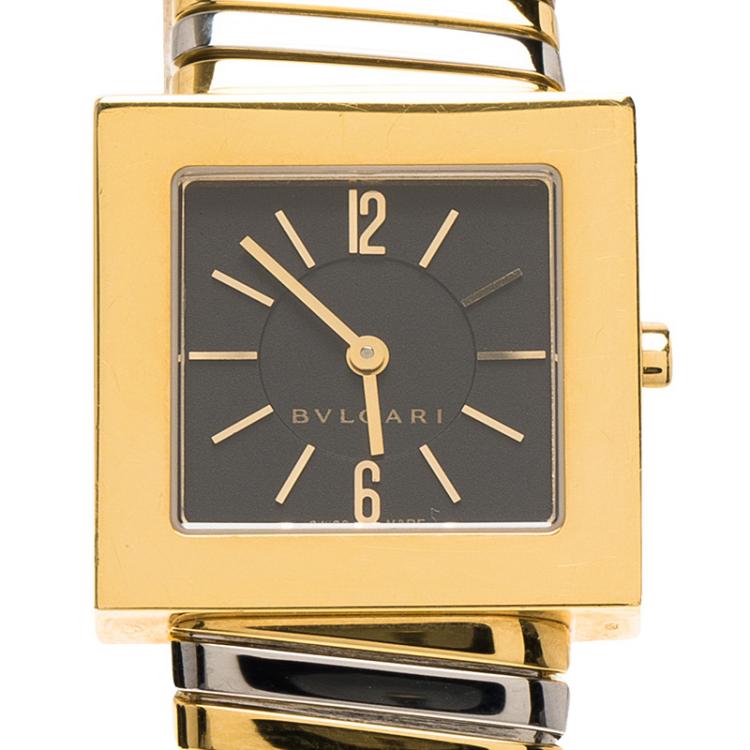 Pre Owned Bvlgari Black 18K Yellow Gold and Stainless Steel Tubogas Women's Wristwatch 22MM