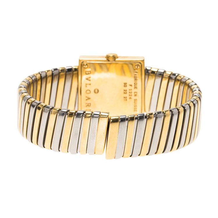 Pre Owned Bvlgari Black 18K Yellow Gold and Stainless Steel Tubogas Women's Wristwatch 22MM