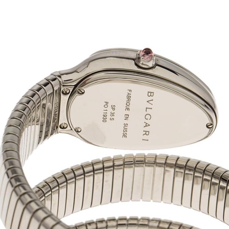 Pre Owned Bvlgari Silver Opaline Stainless Steel Serpenti Tubogas Double Spiral Women's Wristwatch 35MM