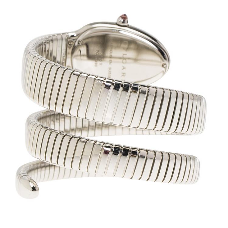Pre Owned Bvlgari Silver Opaline Stainless Steel Serpenti Tubogas Double Spiral Women's Wristwatch 35MM