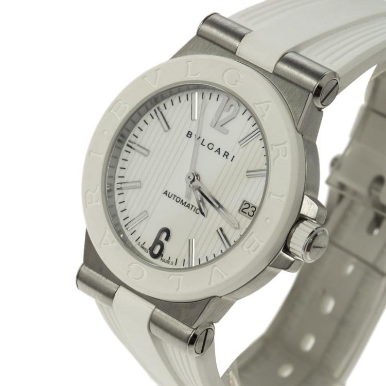 Pre Owned Bvlgari White Stainless Steel & Rubber Diagono DG 35 SV Women's Wristwatch 35MM
