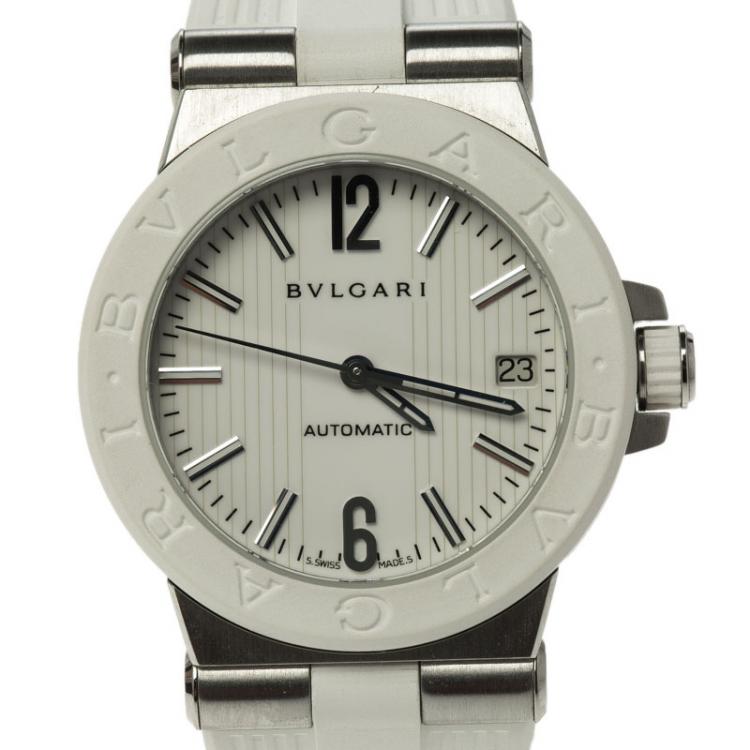Pre Owned Bvlgari White Stainless Steel & Rubber Diagono DG 35 SV Women's Wristwatch 35MM