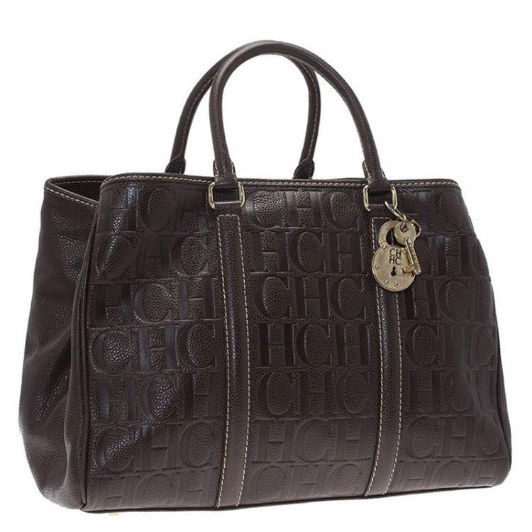 Pre Owned Carolina Herrera Choco Brown Monogram Leather Matteo Tote