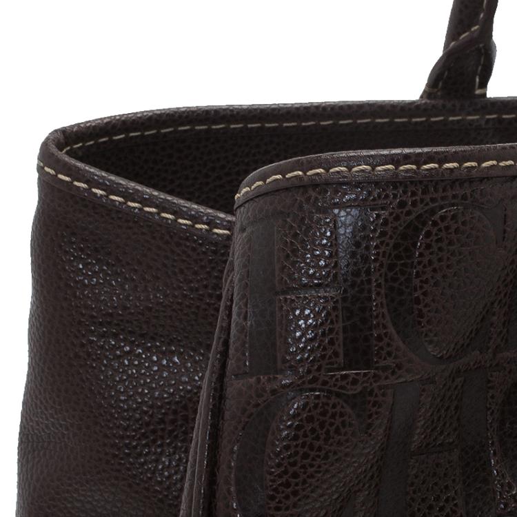 Pre Owned Carolina Herrera Choco Brown Monogram Leather Matteo Tote