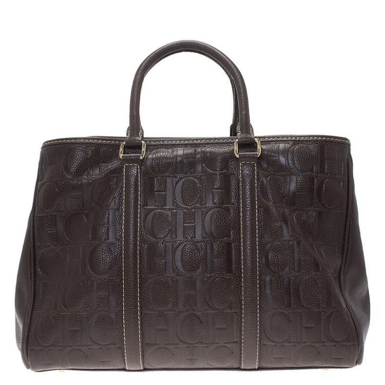 Pre Owned Carolina Herrera Choco Brown Monogram Leather Matteo Tote