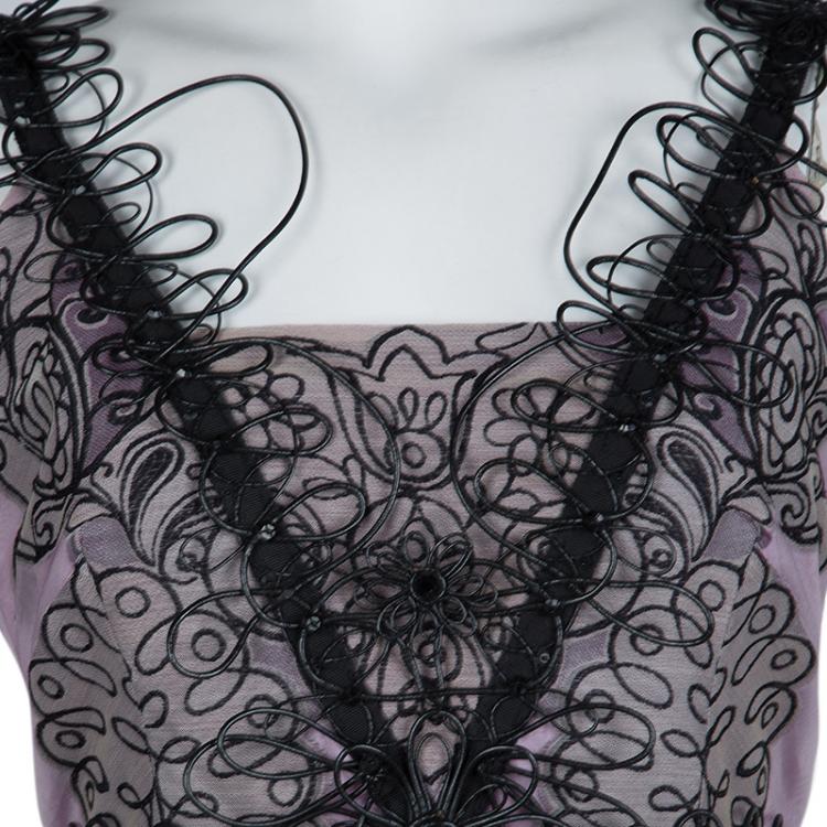 Pre Owned Carolina Herrera Purple Floral Corded Embellishment Detail Silk Gown L