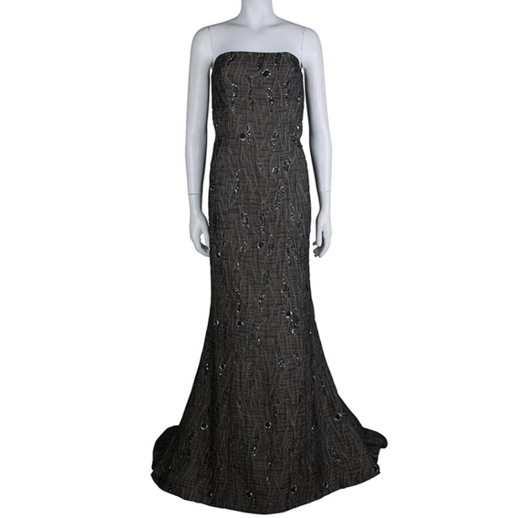 Pre Owned Carolina Herrera Brown Cloque Embellished Strapless Gown L