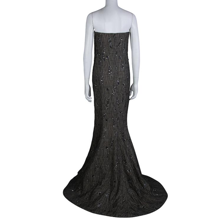 Pre Owned Carolina Herrera Brown Cloque Embellished Strapless Gown L