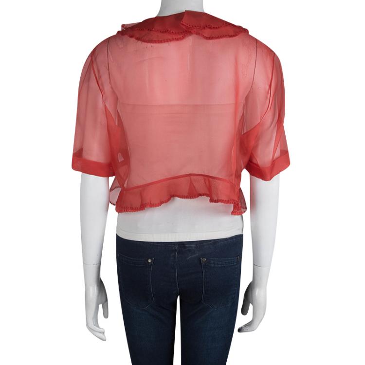 مملوكة مسبقًا Carolina Herrera Red Organza Ruffle Detail Sheer Bolero Jacket XL