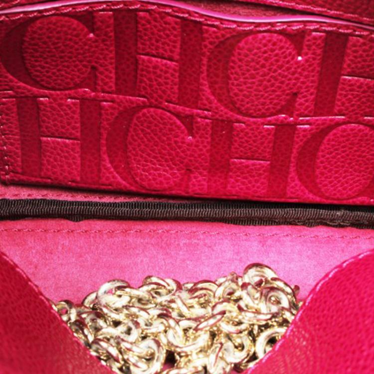 Pre Owned Carolina Herrera Pink Leather Flap Bag With Gold Chain