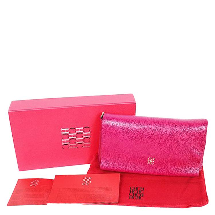 Pre Owned Carolina Herrera Pink Leather Flap Bag With Gold Chain