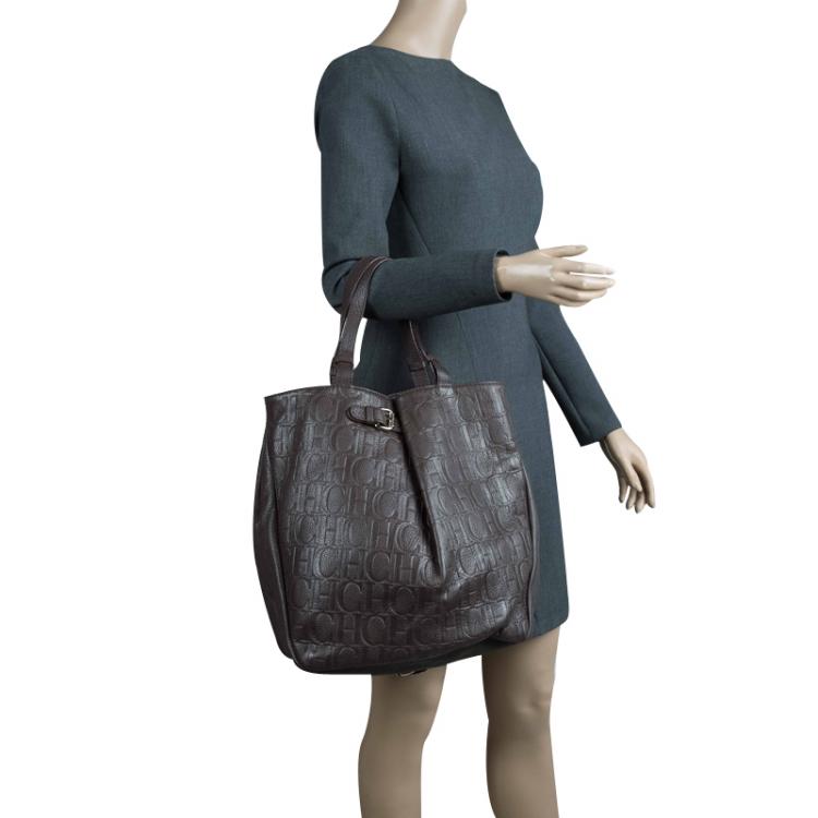 Pre Owned Carolina Herrera Dark Brown Monogram Leather Balmoral Tote