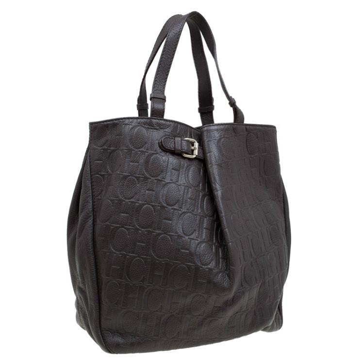 Pre Owned Carolina Herrera Dark Brown Monogram Leather Balmoral Tote