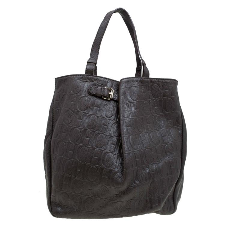 Pre Owned Carolina Herrera Dark Brown Monogram Leather Balmoral Tote