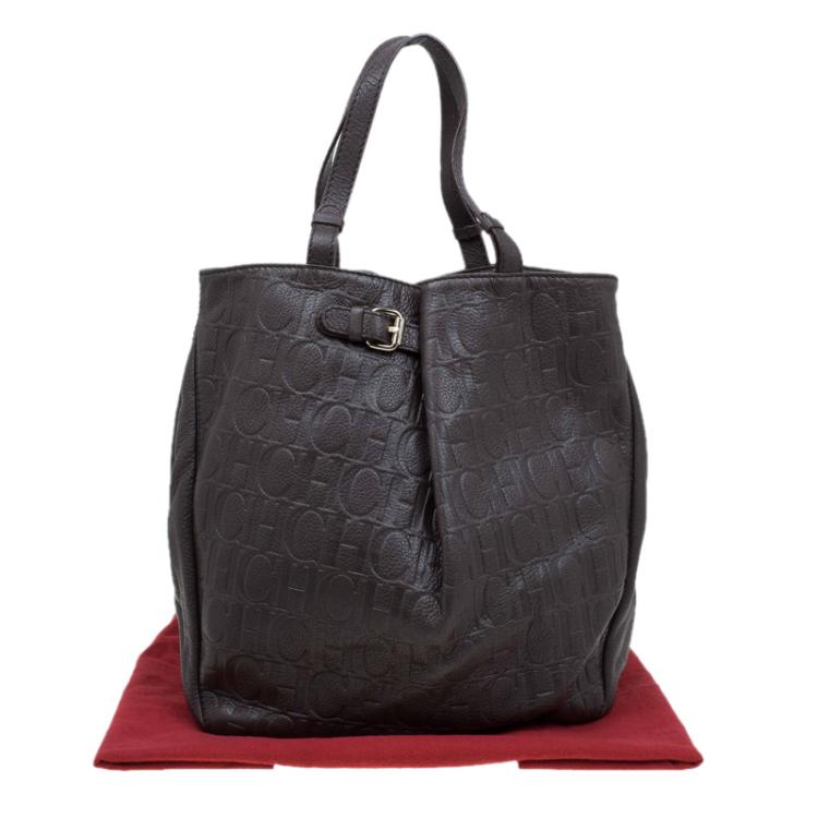 Pre Owned Carolina Herrera Dark Brown Monogram Leather Balmoral Tote