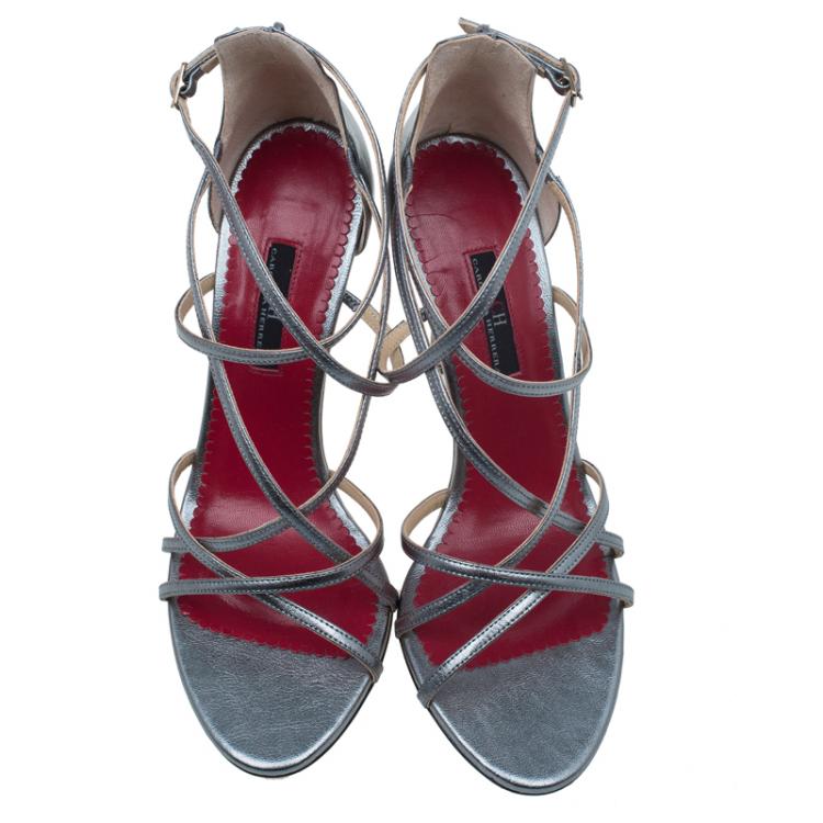 Pre Owned Carolina Herrera Silver Leather Strappy Sandals Size 38 
