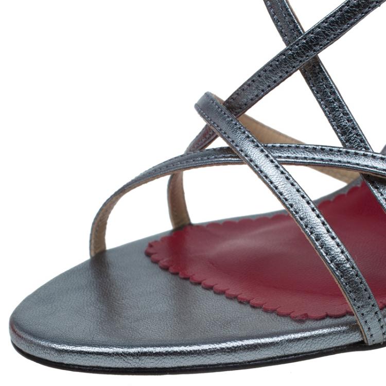 Pre Owned Carolina Herrera Silver Leather Strappy Sandals Size 38 