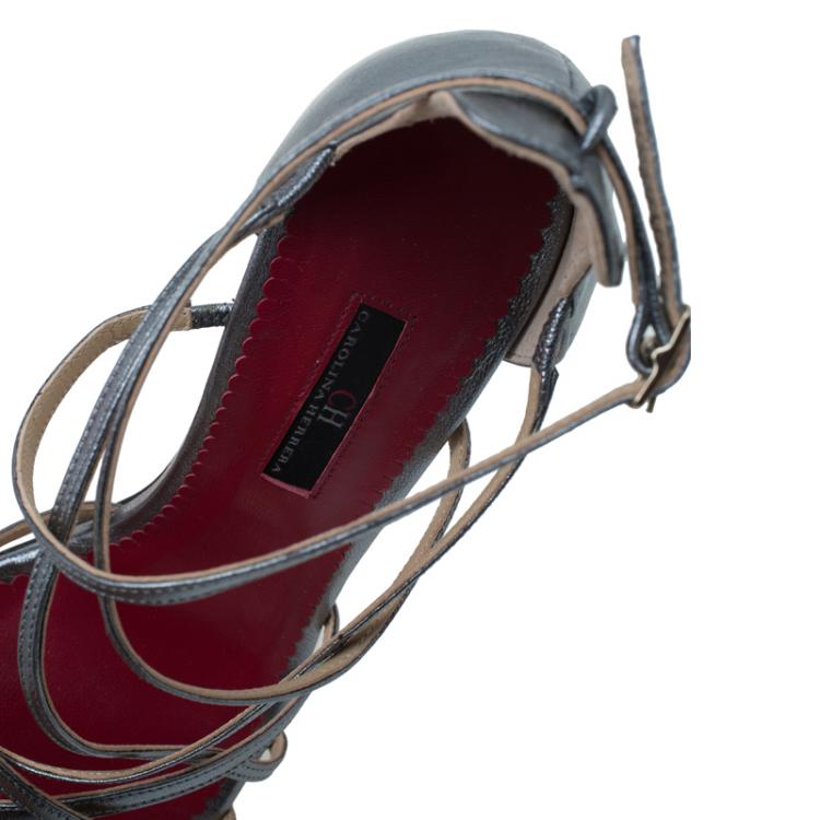 Pre Owned Carolina Herrera Silver Leather Strappy Sandals Size 38 