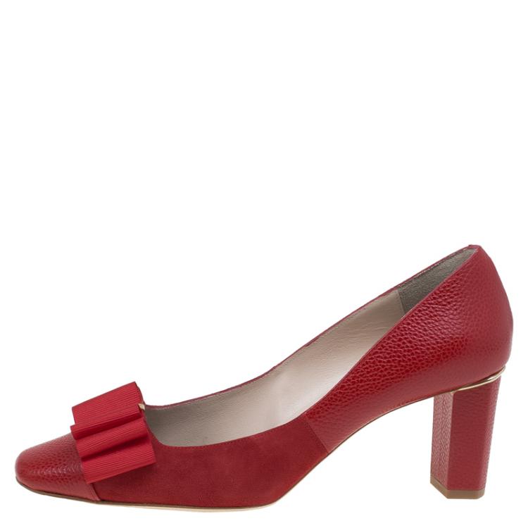 Pre Owned Carolina Herrera Red Leather and Suede Bow Pumps Size 39