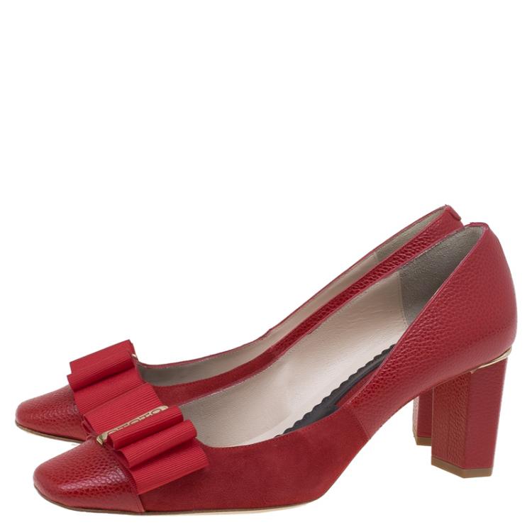 Pre Owned Carolina Herrera Red Leather and Suede Bow Pumps Size 39