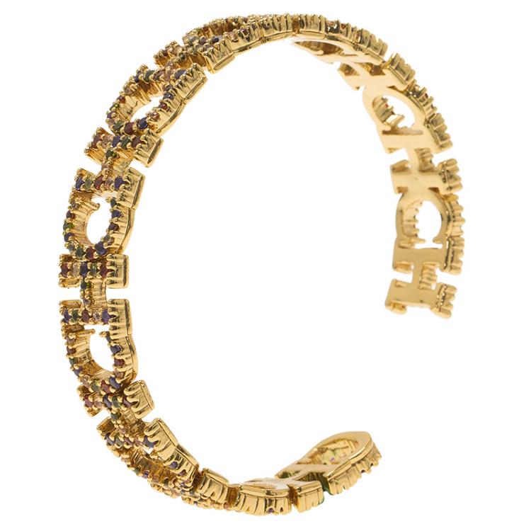 Pre Owned CH Carolina Herrera Logo Multicolored Crystals Gold Tone Cuff Bracelet