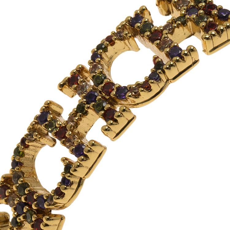 Pre Owned CH Carolina Herrera Logo Multicolored Crystals Gold Tone Cuff Bracelet