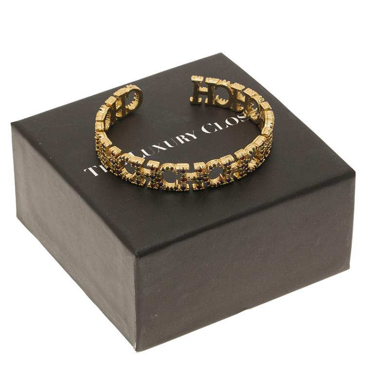 Pre Owned CH Carolina Herrera Logo Multicolored Crystals Gold Tone Cuff Bracelet