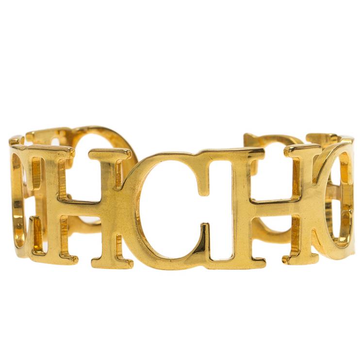Pre Owned CH Carolina Herrera Logo Gold Tone Cuff Bracelet