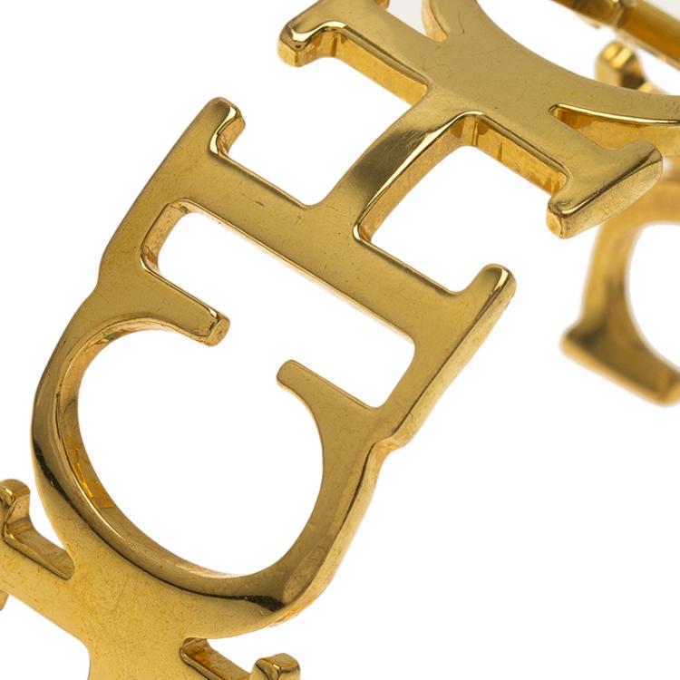 Pre Owned CH Carolina Herrera Logo Gold Tone Cuff Bracelet