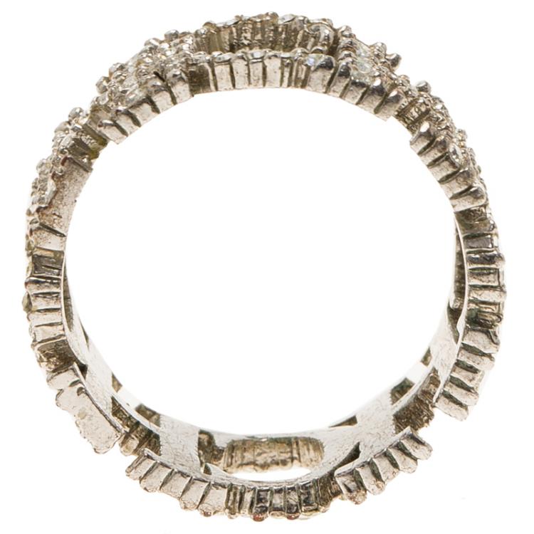 Pre Owned CH Carolina Herrera Crystal Studded Logo Silver Tone Ring Size 57
