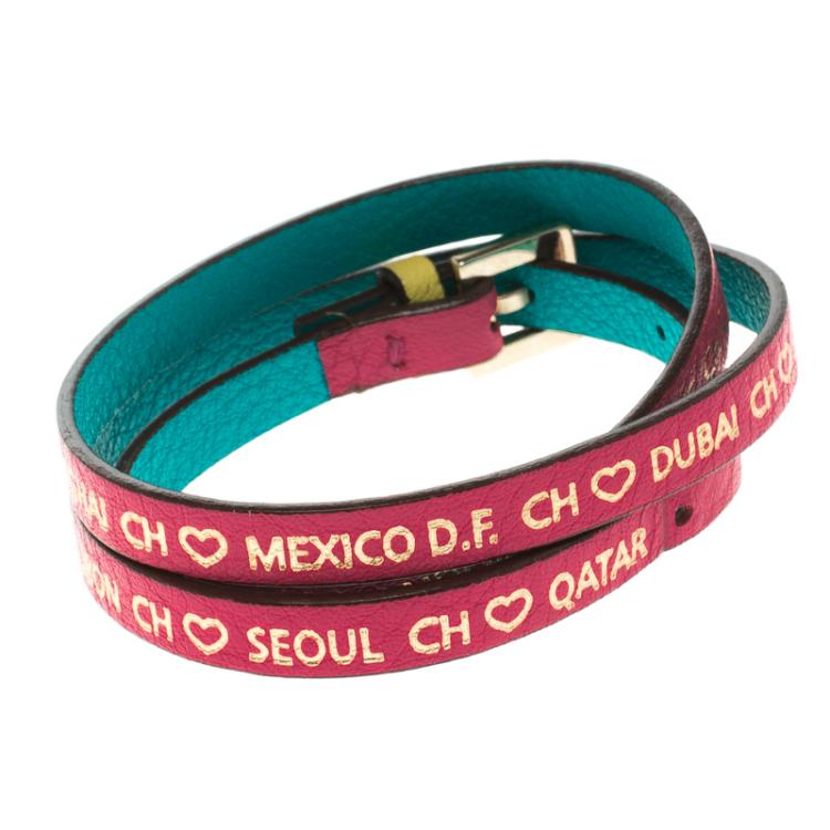 مملوكة مسبقًا Carolina Herrera Pink Leather Gold Tone Wrap Bracelet