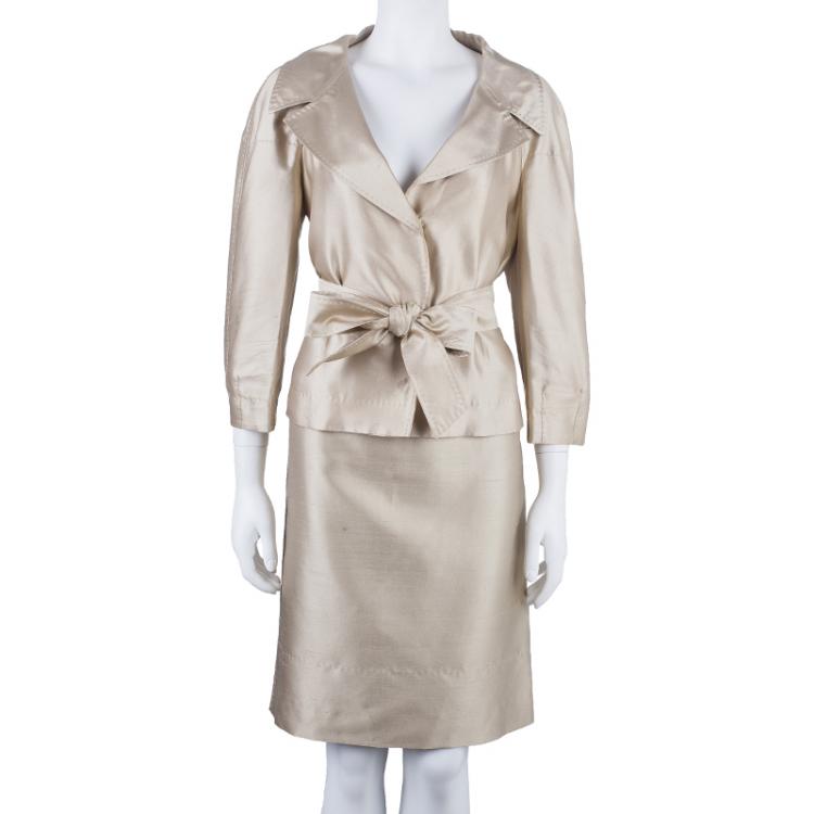 Pre Owned Carolina Herrera Beige Silk Skirt Suit L