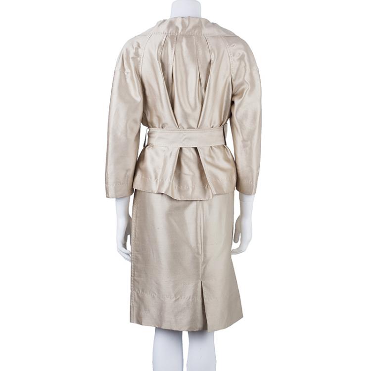 Pre Owned Carolina Herrera Beige Silk Skirt Suit L