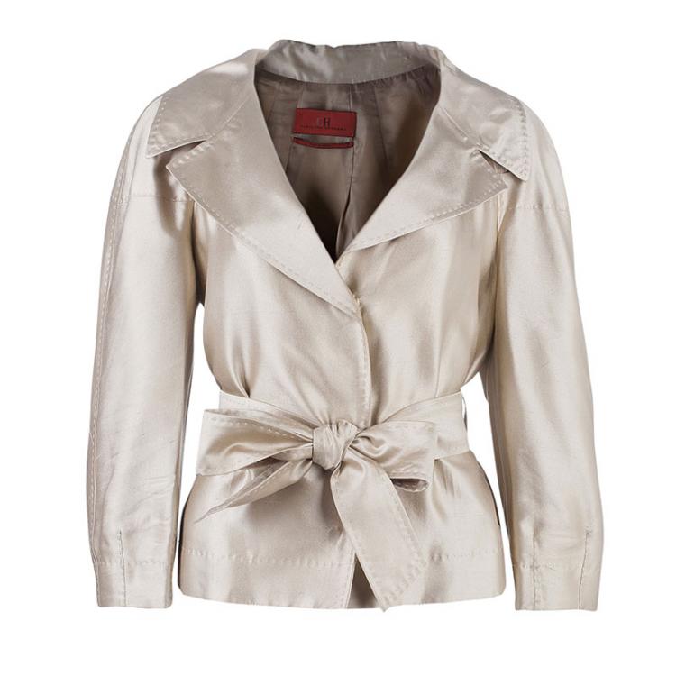 Pre Owned Carolina Herrera Beige Silk Skirt Suit L