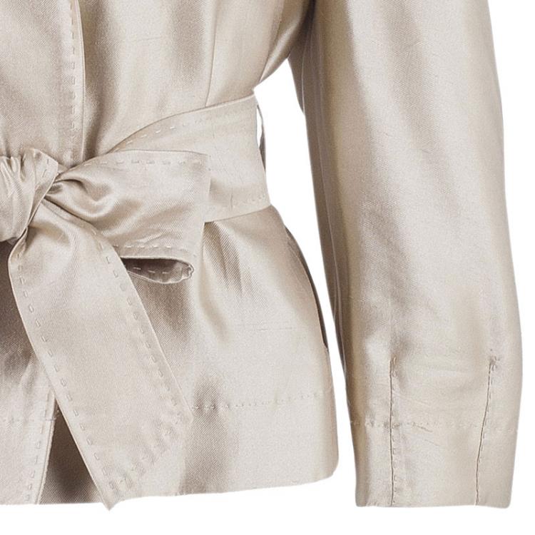 Pre Owned Carolina Herrera Beige Silk Skirt Suit L