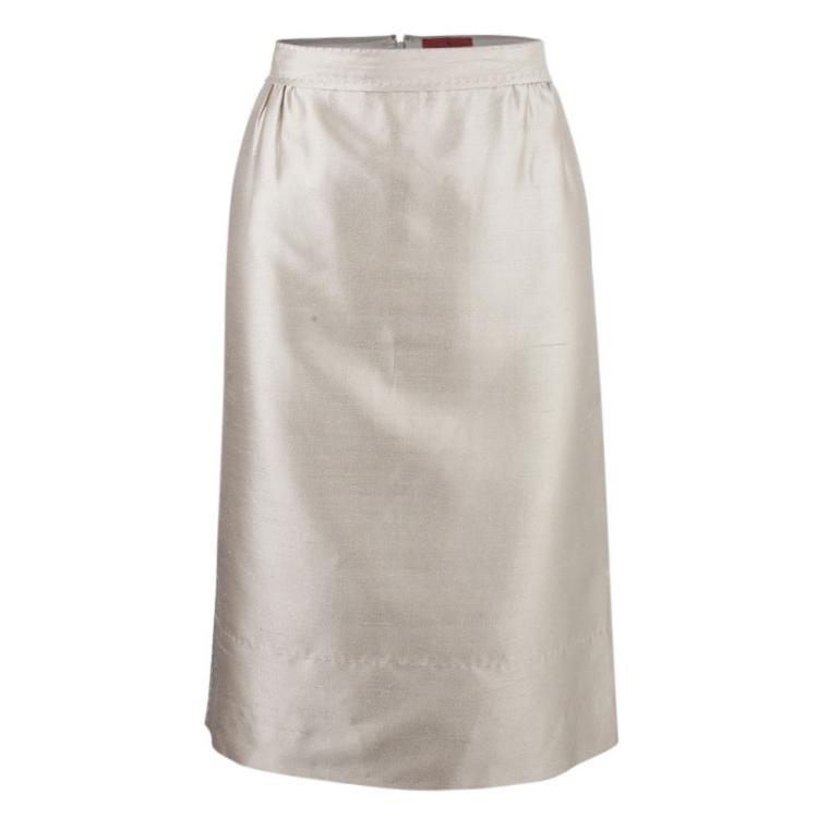 Pre Owned Carolina Herrera Beige Silk Skirt Suit L