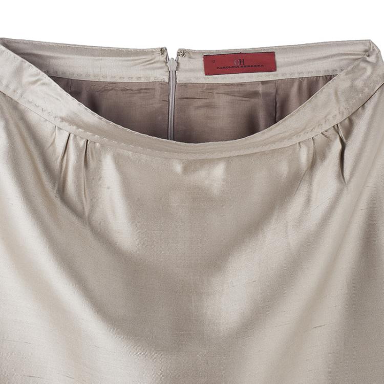 Pre Owned Carolina Herrera Beige Silk Skirt Suit L