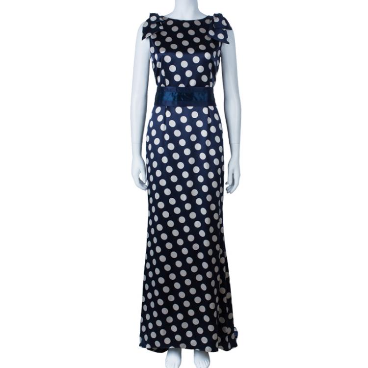 Pre Owned Carolina Herrera Blue Polka-dot Belted Gown M