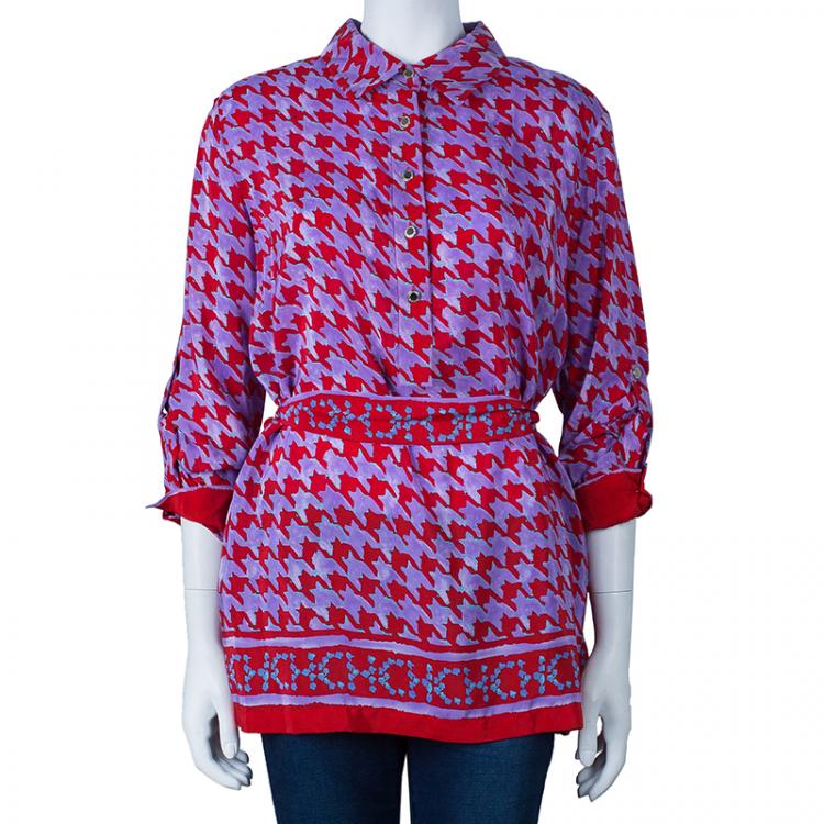 Pre Owned Carolina Herrera Purple Red Houndstooth Printed Top L