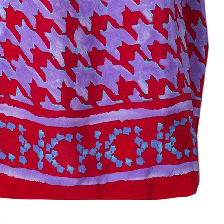Pre Owned Carolina Herrera Purple Red Houndstooth Printed Top L