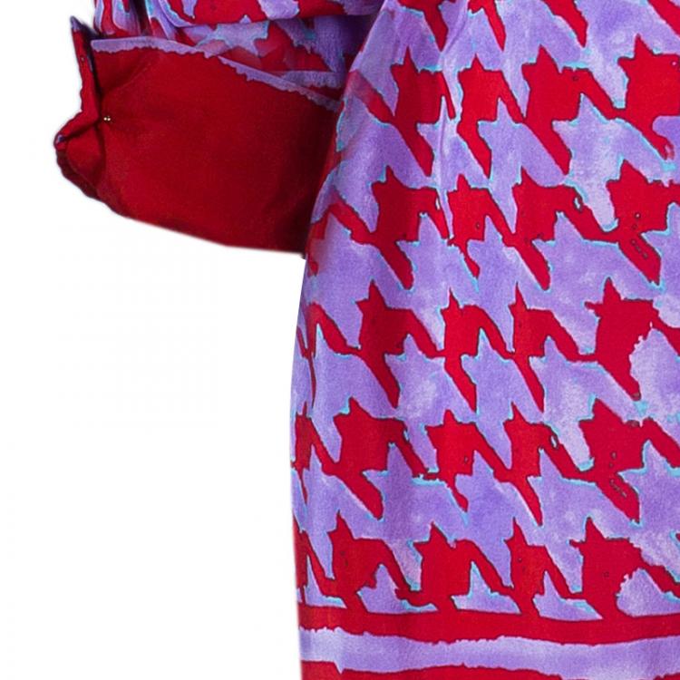 Pre Owned Carolina Herrera Purple Red Houndstooth Printed Top L