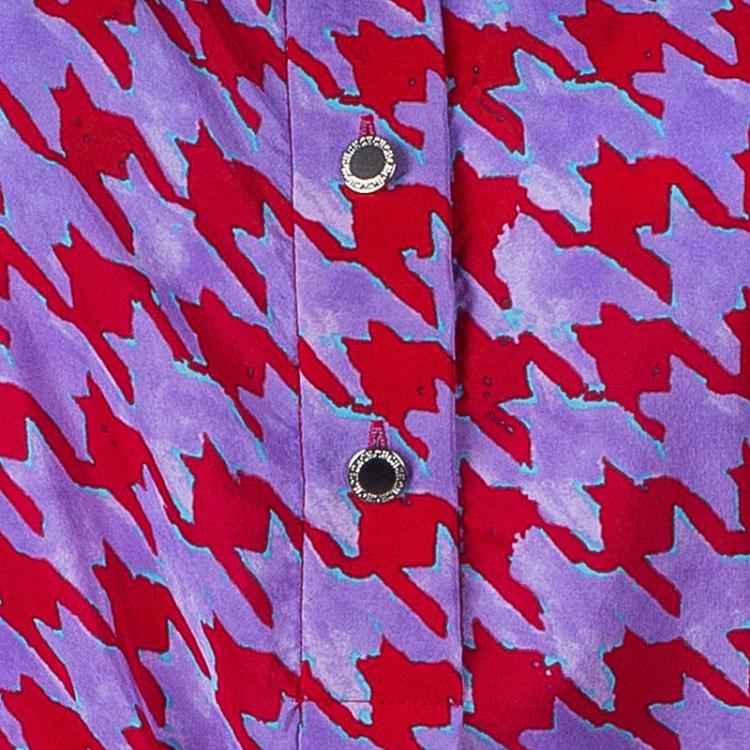 Pre Owned Carolina Herrera Purple Red Houndstooth Printed Top L