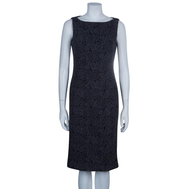Pre Owned Carolina Herrera Grey Lace Sheath Dress L