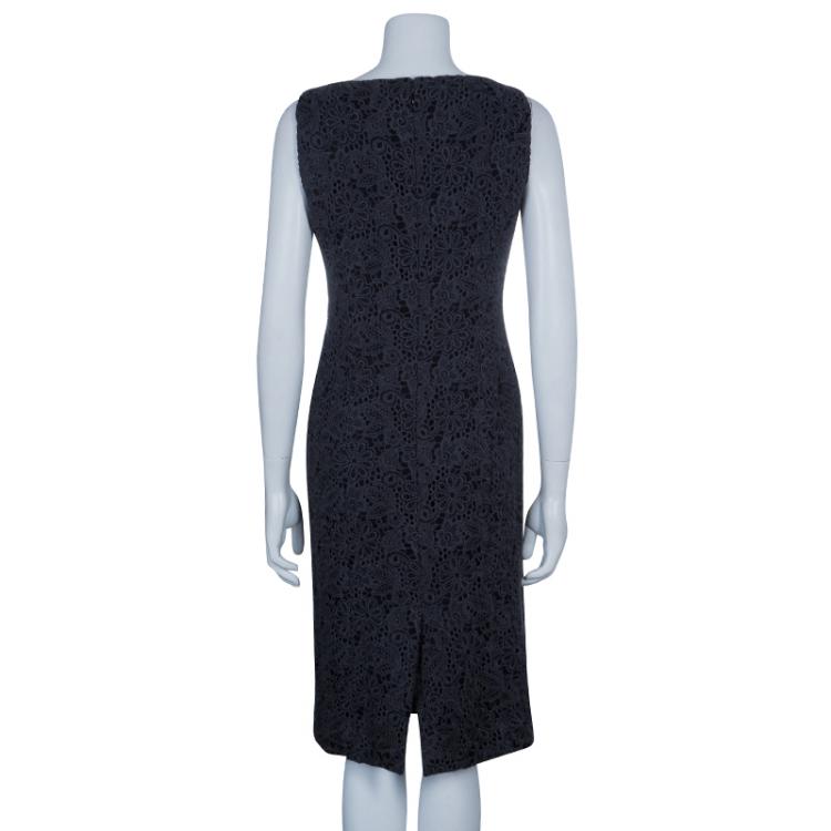 Pre Owned Carolina Herrera Grey Lace Sheath Dress L