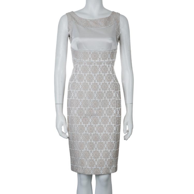 Pre Owned Carolina Herrera Beige Embroidered Sleeveless Dress S