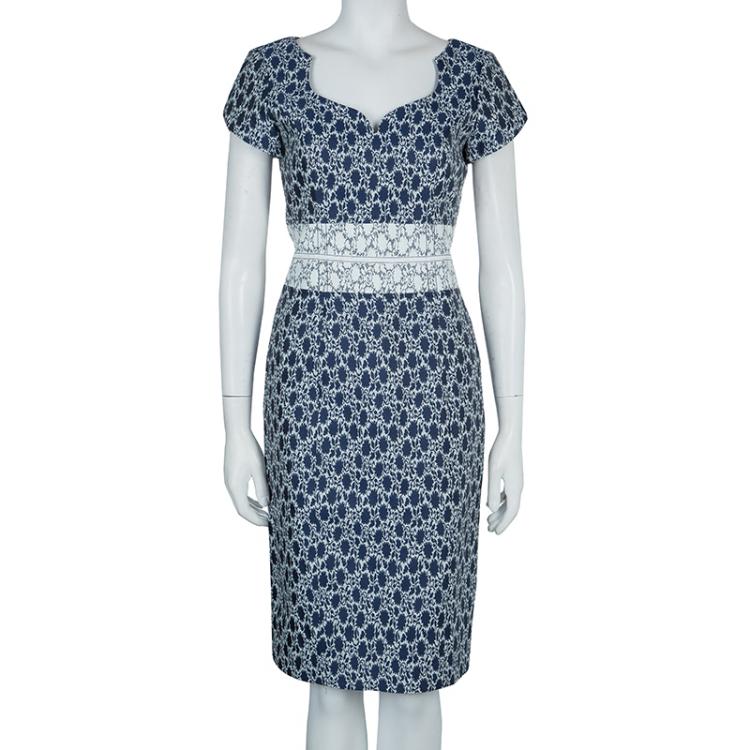 Pre Owned Carolina Herrera Blue and White Jacquard Cap Sleeve Dress M