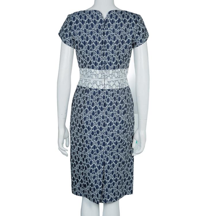 Pre Owned Carolina Herrera Blue and White Jacquard Cap Sleeve Dress M