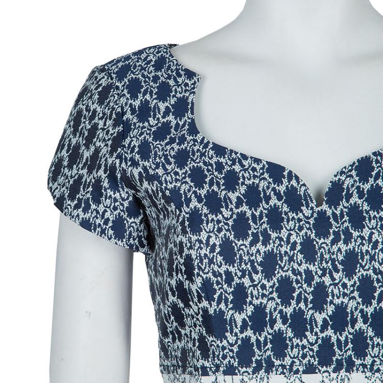 Pre Owned Carolina Herrera Blue and White Jacquard Cap Sleeve Dress M