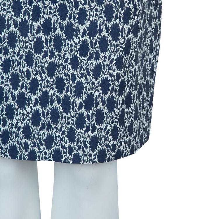 Pre Owned Carolina Herrera Blue and White Jacquard Cap Sleeve Dress M