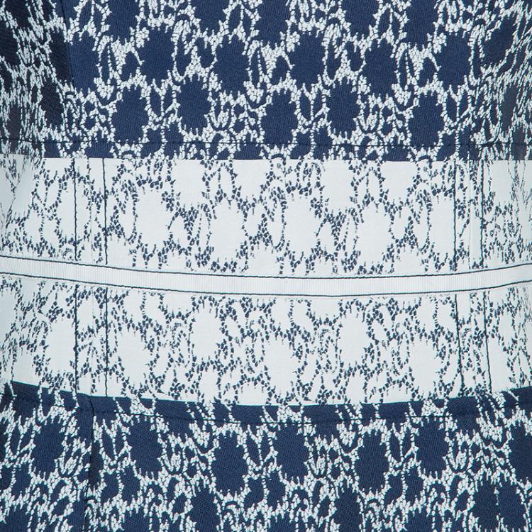 Pre Owned Carolina Herrera Blue and White Jacquard Cap Sleeve Dress M